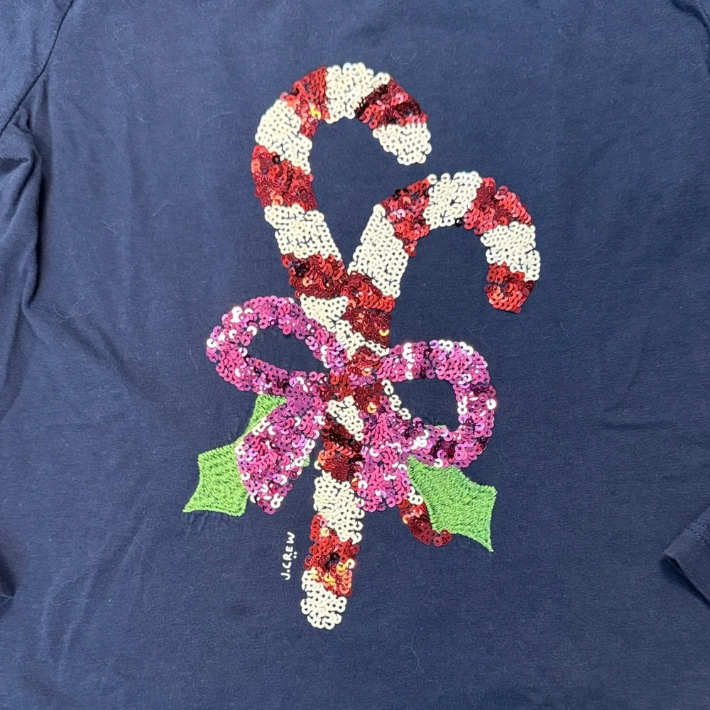 J.Crew Crewcuts Girls M 8-9 Navy Sequin Candy Cane Christmas Holiday Shirt